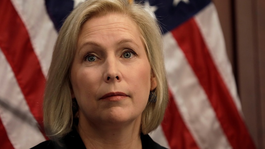 A close up of Kirsten Gillibrand, who looks concerned.