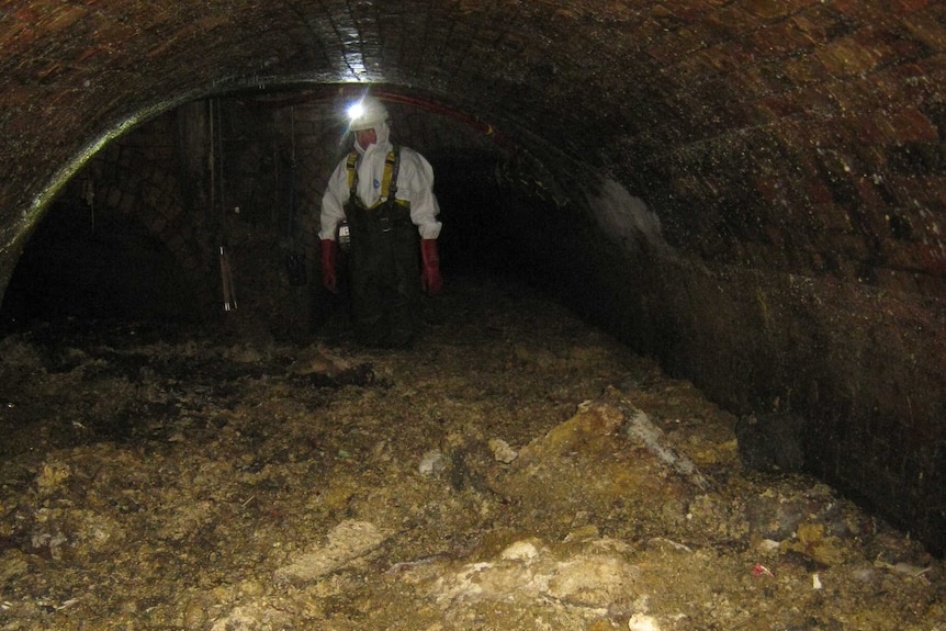 Inside a dirty sewer in London.