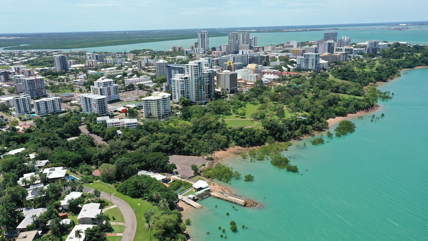 An aerial view of the Darwin CBD, Esplanade and Harbour, on a sunny day.
