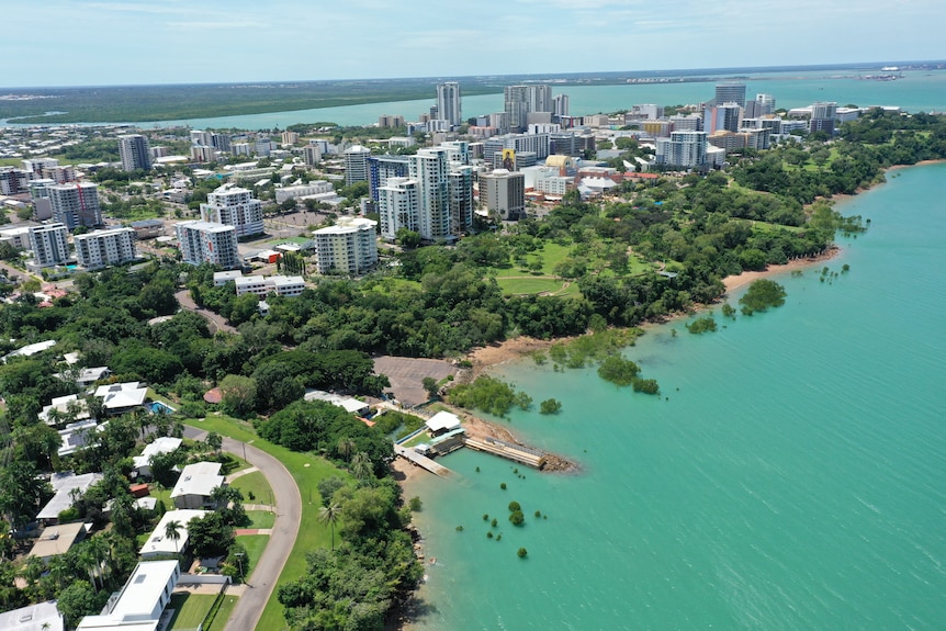 An aerial view of the Darwin CBD, Esplanade and Harbour, on a sunny day.