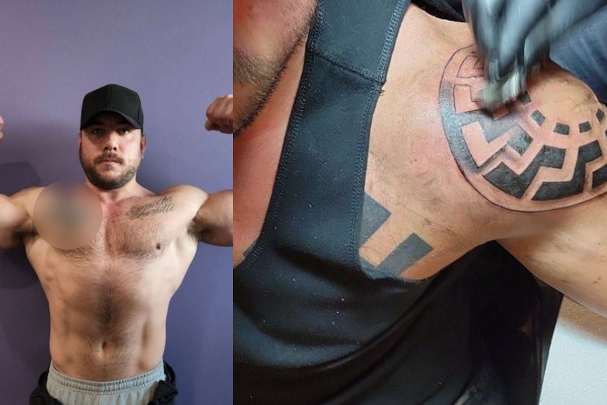 Two pictures of a mans body and arms showing big tattoos