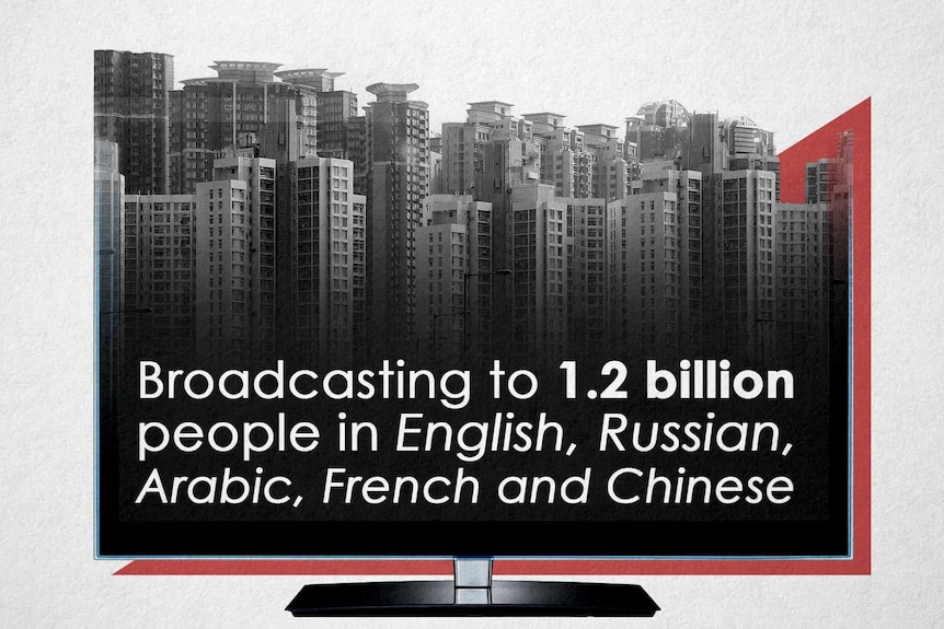 The words "Broadcasting to 1.2 billion people in English, Russian, Arabic, French and Chinese" are overlaid on top of apartments
