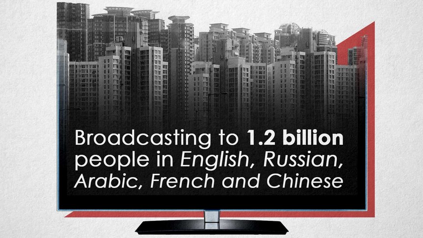 The words "Broadcasting to 1.2 billion people in English, Russian, Arabic, French and Chinese" are overlaid on top of apartments