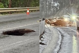 a composite image of sinkhole opened up after the heavy rain in Shoalhaven region and damaged road in Nowra
