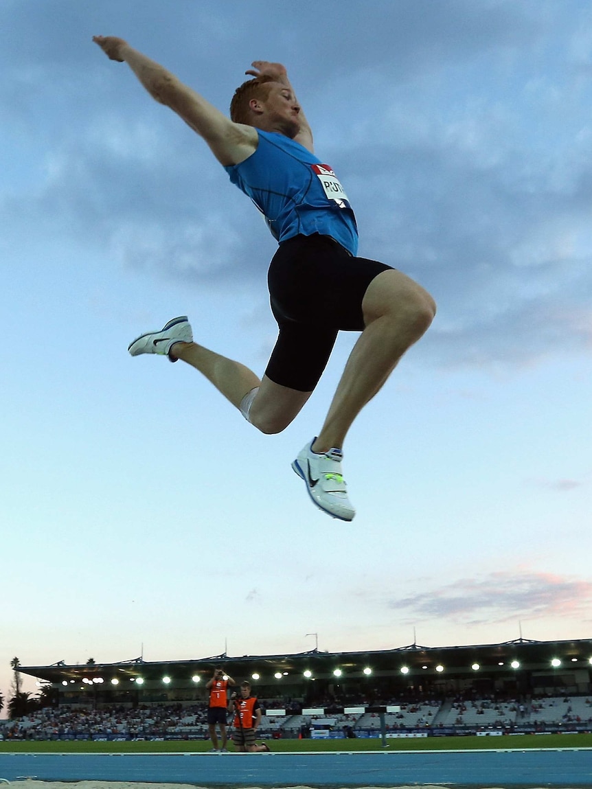 Track Classic champ ... Great Britain's Greg Rutherford jumps at Olympic Park.
