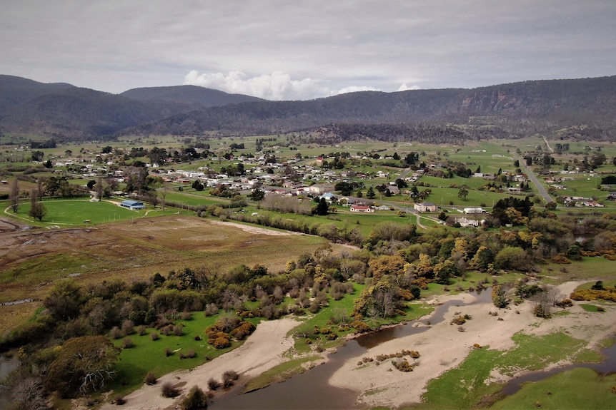 Aerial view of the Tasmanian town of Fingal.