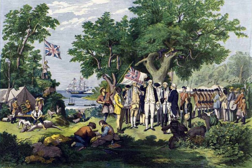 Captain Cook taking possession of the Australian continent on behalf of the British crown, AD 1770, under the name of New South Wales