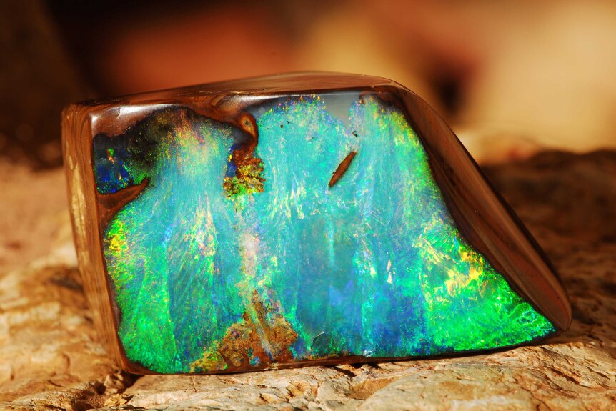 The green and blue surface of an Australian opal.