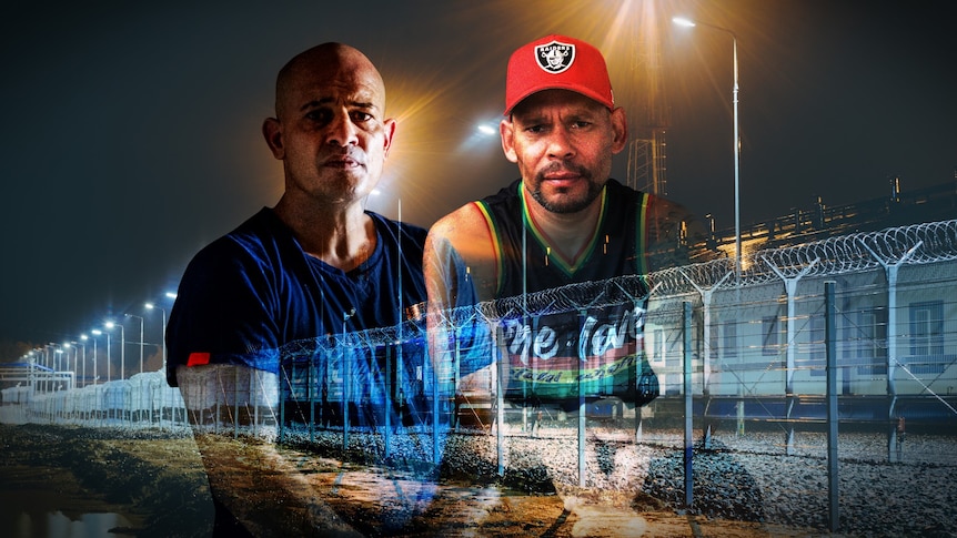 Composite image of two men with a photo of barbed wire behind them.