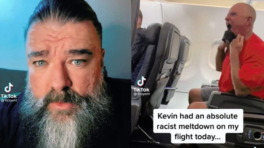 On the left, a man with a beard and long hair. On the right a man growls in his airplane seat.