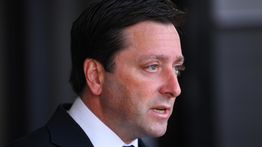A close-up photograph of Victorian Opposition Leader Matthew Guy speaking to media.