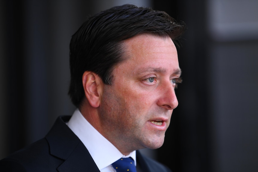 A close-up photograph of Victorian Opposition Leader Matthew Guy speaking to media.