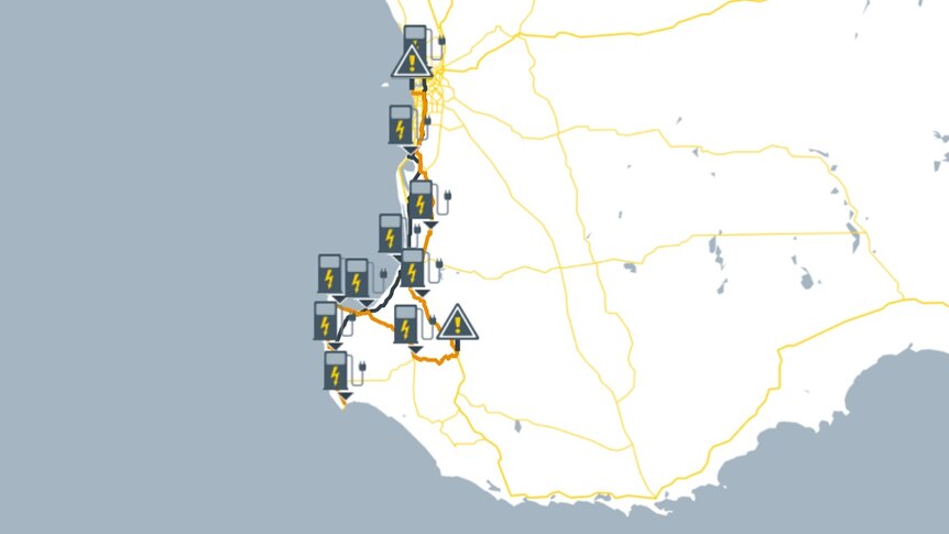 Map of electric highway in the south west of WA