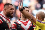 NRL referee Ashley Klein signals 10 minutes int he sin bin for Jared Waerea-Hargreaves of the Sydney Roosters.