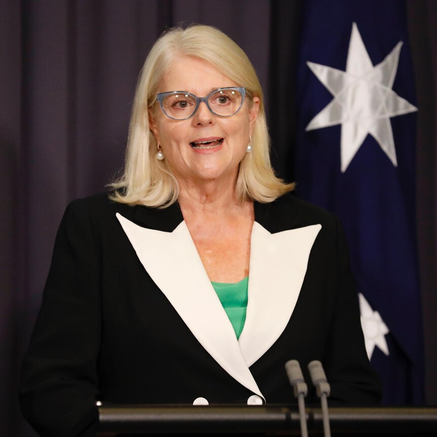 Karen Andrews wearing a black and white blazer and green blouse speaking in the blue room.