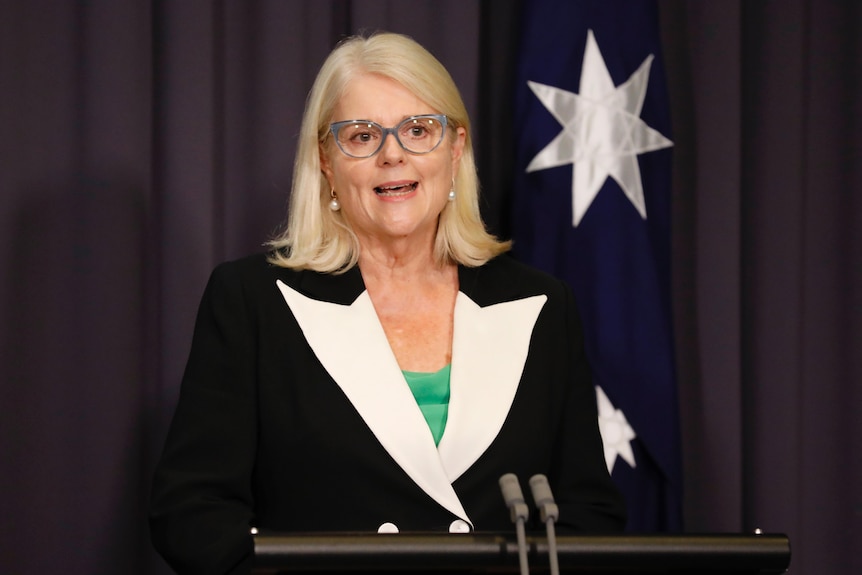 Karen Andrews wearing a black and white blazer and green blouse speaking in the blue room.