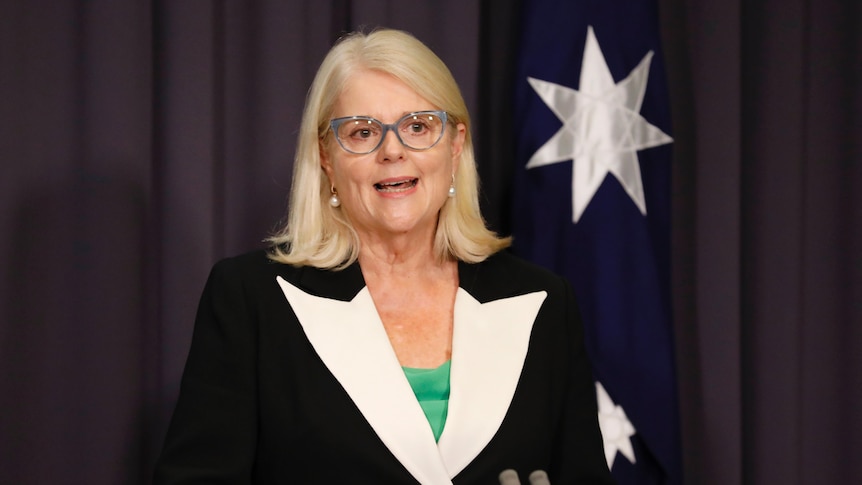 Karen Andrews wearing a black and white blazer and green blouse speaking in the blue room.