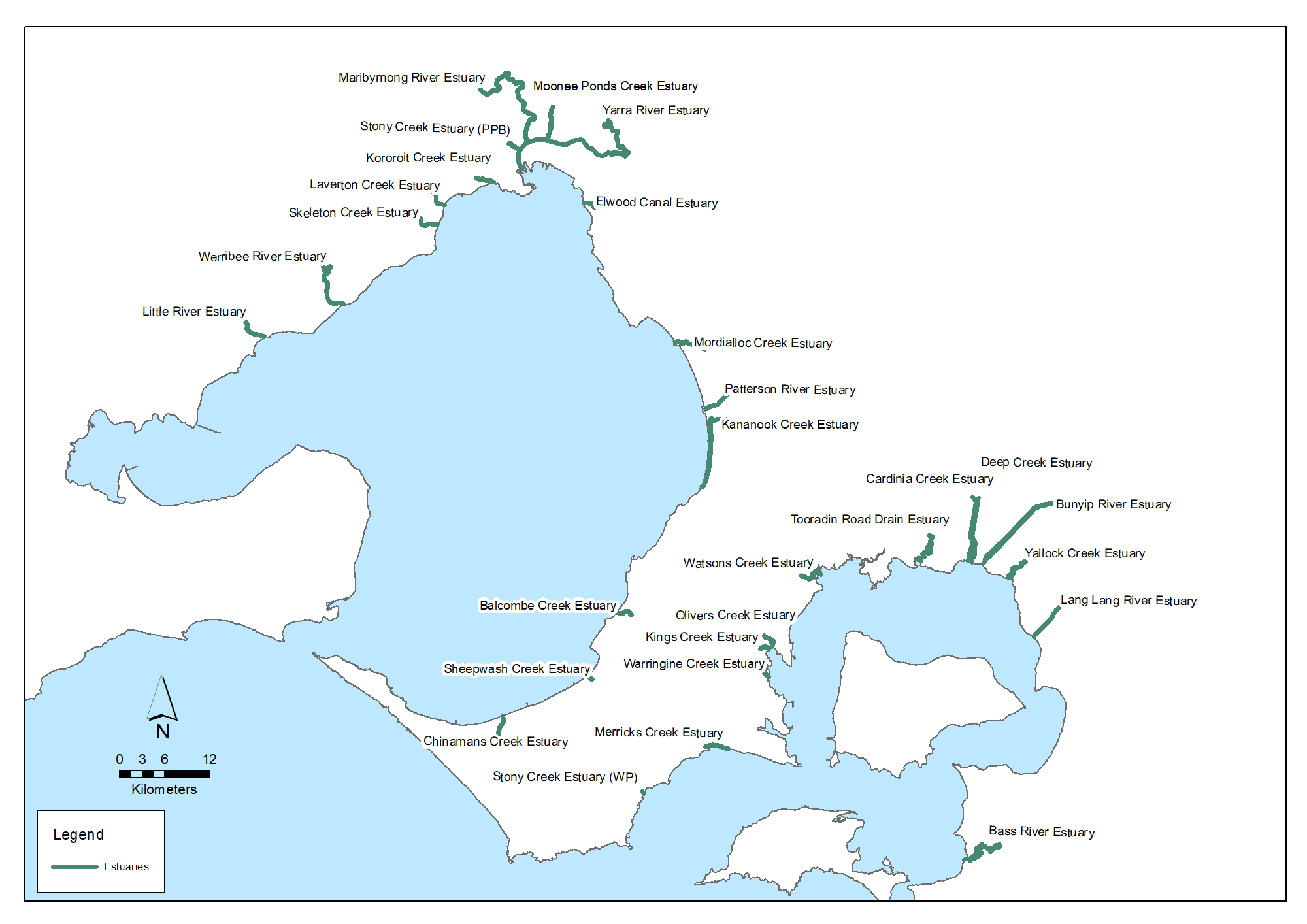 A map of Melbourne's Port Phillip Bay showing the 16 estuaries and another bay to the right. 