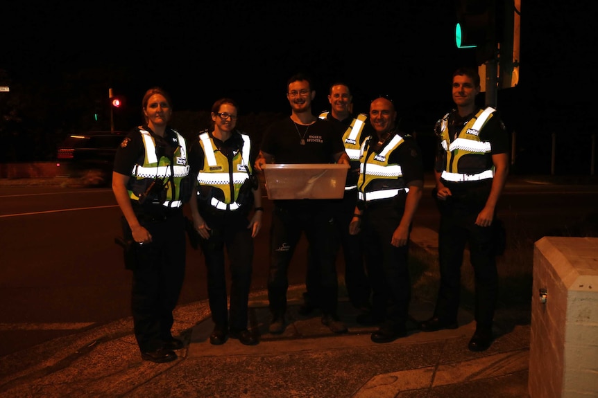 Victoria Police and a reptile catcher, who is holding a crocodile in a plastic tub.