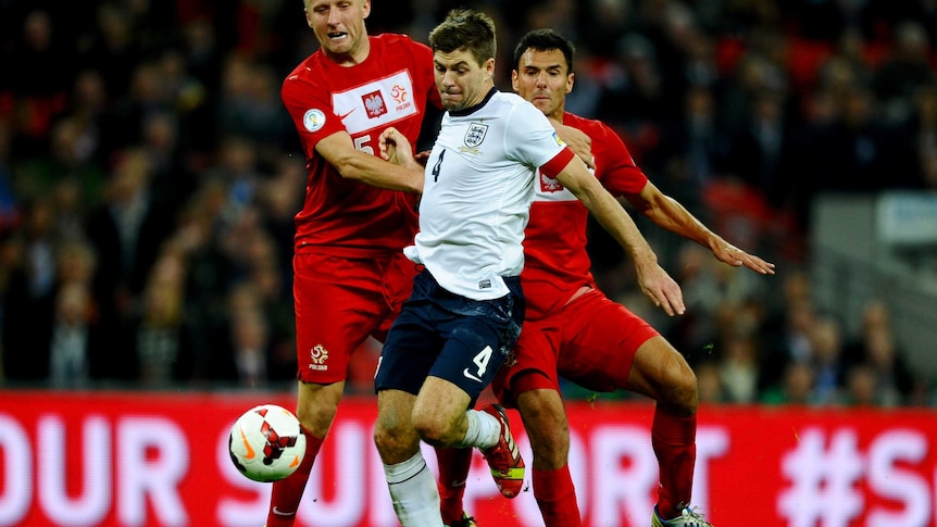 Steven Gerrard scores England's second goal against Poland in their World Cup qualifier.