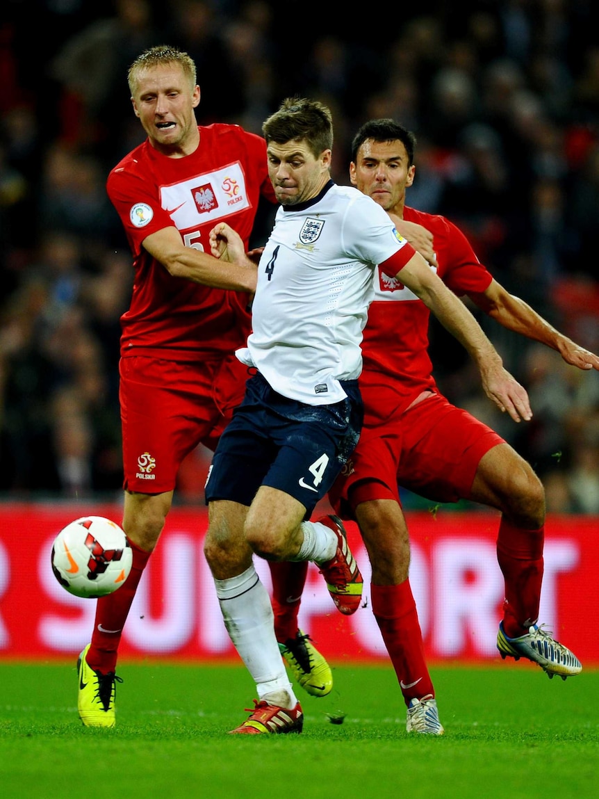 Steven Gerrard scores England's second goal against Poland in their World Cup qualifier.