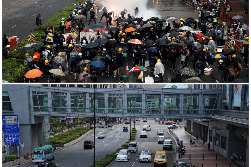 Protesters in black holding umbrellas and the same street with only cars in it.