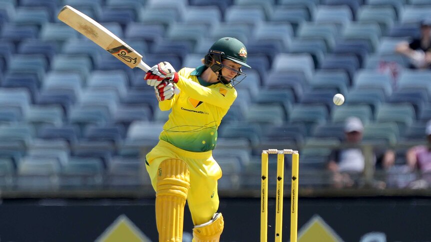 Rachael Haynes plays to the offside as she turns her head to the left while batting at the WACA ground.