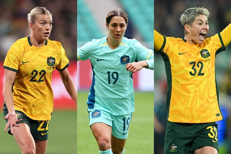 Three women soccer players, two wearing yellow and green and the other wearing light blue, in a composite image