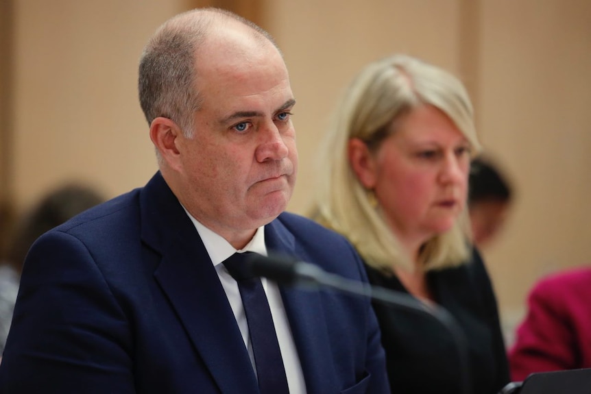 David Anderson reacting to questions at Senate Estimates. He is a balding white man with blue eyes, wearing a blue suit. 