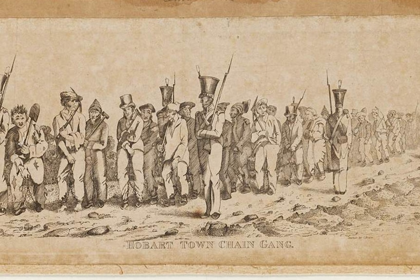 An etching from the 1830s, by G Bruce, depicting a chain gang in Hobart.