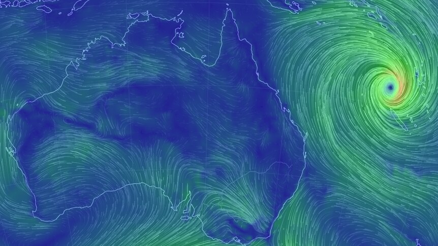 Map of Australia and the pacific showing the winds circling around the cyclone north of New Caledonia