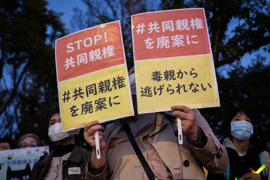 A person holding two signs protesting Japan's joint custody laws.