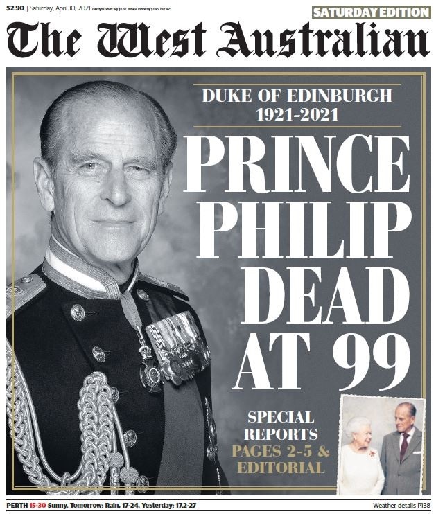 The front page of The West Australian newspaper the day after the death of Prince Philip.