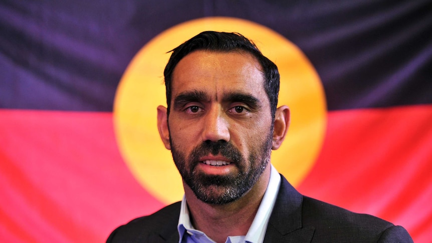 Adam Goodes speaks in Sydney in support of constitutional change for Aboriginal and Torres Strait Islander people.