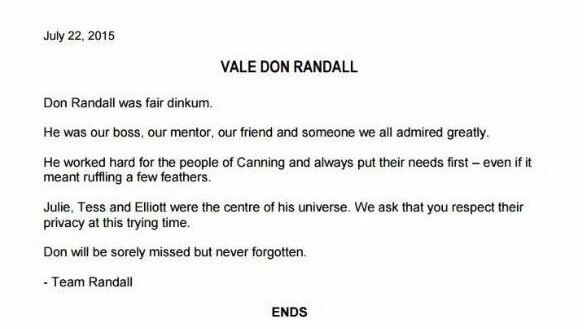 Media statement from electorate office on Liberal MP Don Randall on his death