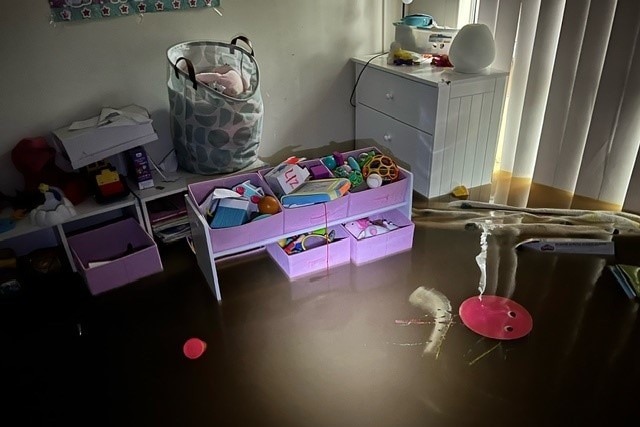 Brown water in a room containing children's toys.