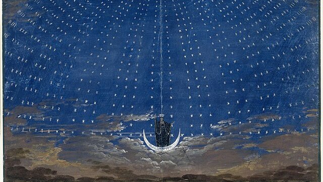 A set design for The Magic Flute, featuring a blue-domed starry sky and a protagonist standing on a half-moon.