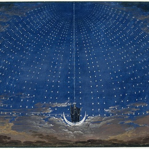 A set design for The Magic Flute, featuring a blue-domed starry sky and a protagonist standing on a half-moon.