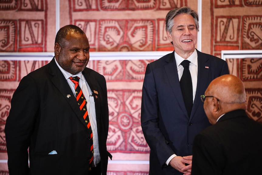 PNG PM James Marape stands beside US Secretary of State Antony Blinken after a formal meeting.