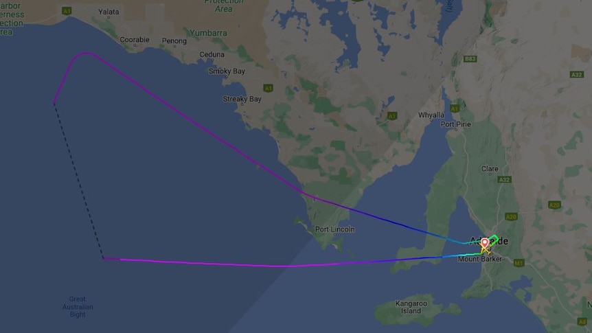 A flight map showing a plane travelling in a loop back to Adelaide after heading towards the Bite