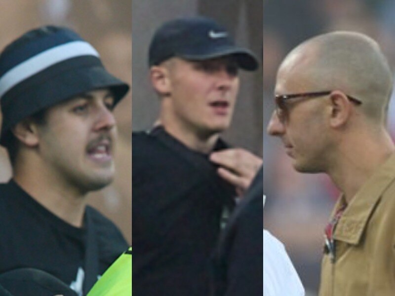 A three-panel image of three photos of men on a sporting field.