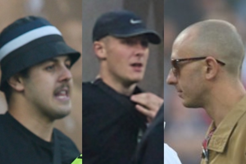 A three-panel image of three photos of men on a sporting field.