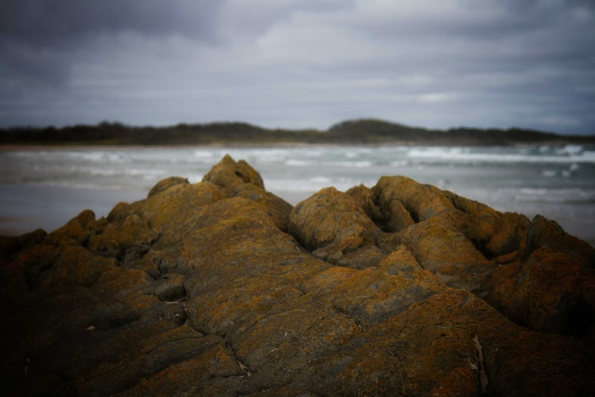 A photo of a rocky formation, with the ocean behind it