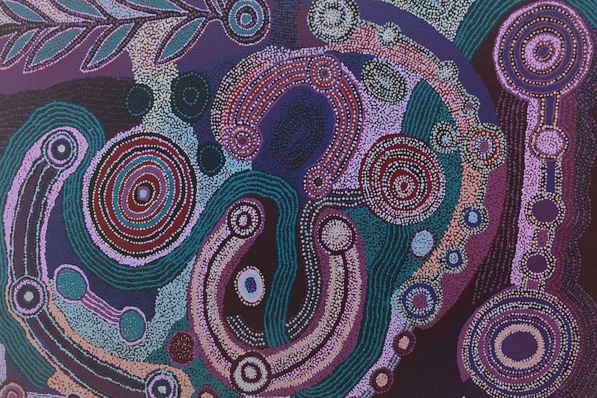 Indigenous dot painting with purple and teal tones