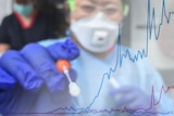 A health worker holding a testing swab is overlaid with a chart showing testing levels in the US, UK, and South Korea.