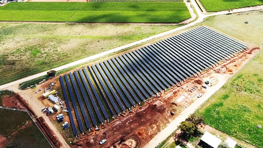 rows of solar panels on a block of land in an aerial view, green land surrounds them