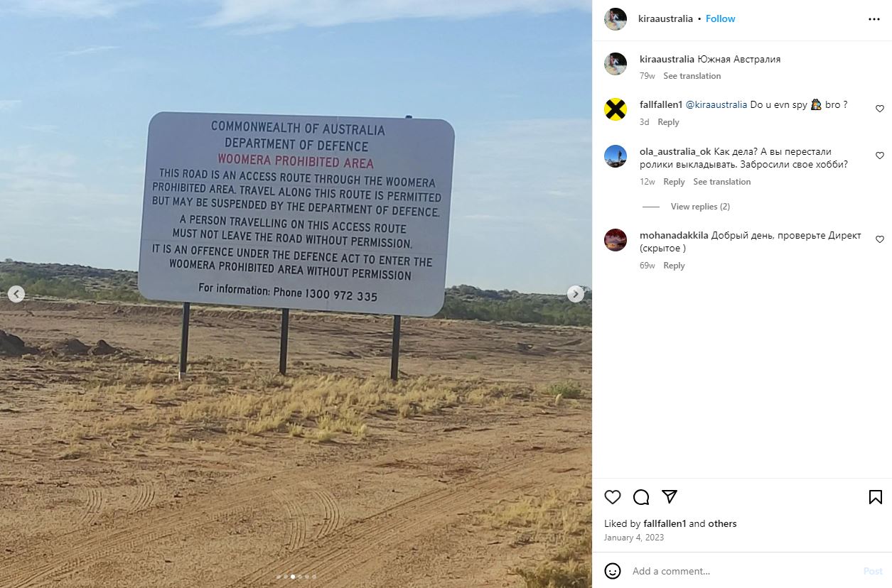 Screenshot of an Instagram post showing the sign at the entrance to the Woomera Exclusion Zone defence facility