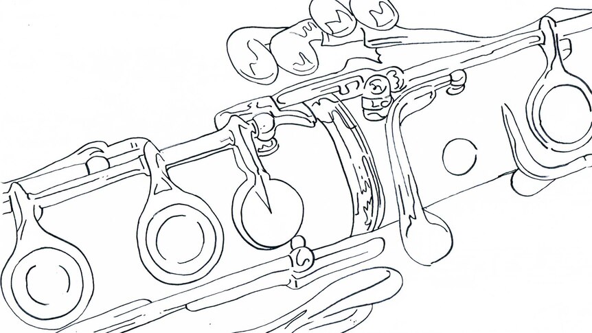 A close-up line drawing of a clarinet.