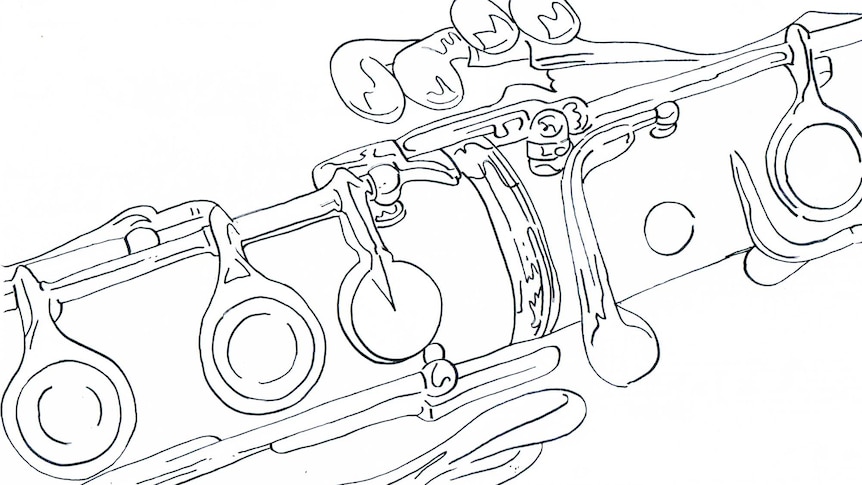 A close-up line drawing of a clarinet