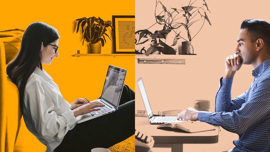 Composite of woman and man on laptop in separate homes in a story about signs your colleague might be struggling.